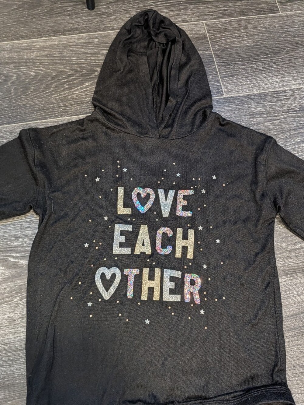 Kids Black Hoodie with 'Love Each Other' Glitter Graphic
